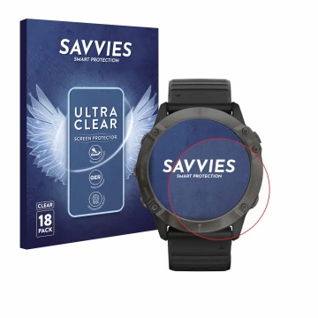 Vorderseite einer Produktverpackung mit dem Markenlogo Savvies. Daneben ist das Gerät Garmin Fenix 6X Pro Solar mit dem zugehö