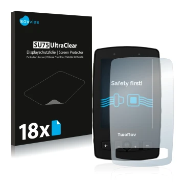 Vorderseite einer Produktverpackung mit dem Markenlogo Savvies. Daneben ist das Gerät TwoNav Aventura 2 mit dem zugehörigen Di