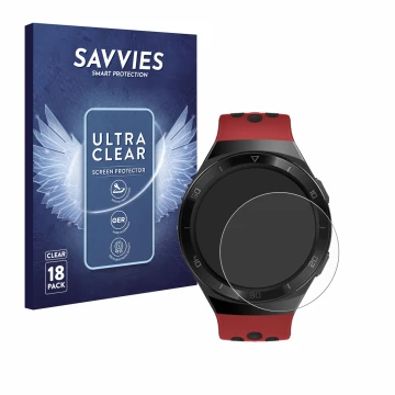Vorderseite einer Produktverpackung mit dem Markenlogo Savvies. Daneben ist das Gerät Huawei Watch GT 2e mit dem zugehörigen D