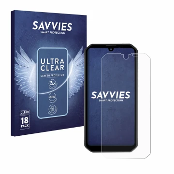 Vorderseite einer Produktverpackung mit dem Markenlogo Savvies. Daneben ist das Gerät Blackview BV9900 Pro mit dem zugehörigen