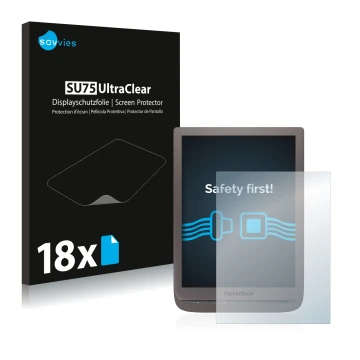 Vorderseite einer Produktverpackung mit dem Markenlogo Savvies. Daneben ist das Gerät PocketBook InkPad 3 Pro mit dem zugehöri