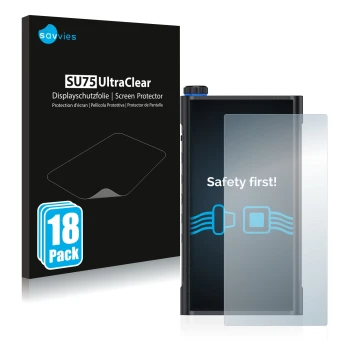 Vorderseite einer Produktverpackung mit dem Markenlogo Savvies. Daneben ist das Gerät FiiO M15 mit dem zugehörigen Displayschu