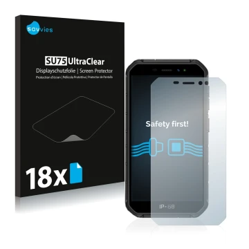 Vorderseite einer Produktverpackung mit dem Markenlogo Savvies. Daneben ist das Gerät Ulefone Armor X7 mit dem zugehörigen Dis