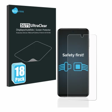 Vorderseite einer Produktverpackung mit dem Markenlogo Savvies. Daneben ist das Gerät Xiaomi Redmi Note 9S mit dem zugehörigen