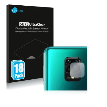 Vorderseite einer Produktverpackung mit dem Markenlogo Savvies. Daneben ist das Gerät Xiaomi Redmi Note 9S (NUR Kameraschutz) 