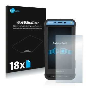 Vorderseite einer Produktverpackung mit dem Markenlogo Savvies. Daneben ist das Gerät Ecom Smart-Ex 02 DZ1 mit dem zugehörigen