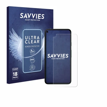 Vorderseite einer Produktverpackung mit dem Markenlogo Savvies. Daneben ist das Gerät Google Pixel 5 mit dem zugehörigen Displ