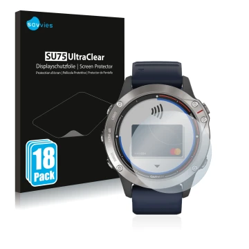 Vorderseite einer Produktverpackung mit dem Markenlogo Savvies. Daneben ist das Gerät Garmin quatix 6 mit dem zugehörigen Disp
