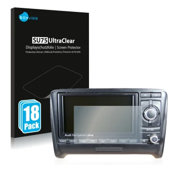 Vorderseite einer Produktverpackung mit dem Markenlogo Savvies. Daneben ist das Gerät Audi A3 8P 2004-2012 RNS-E mit dem zugeh