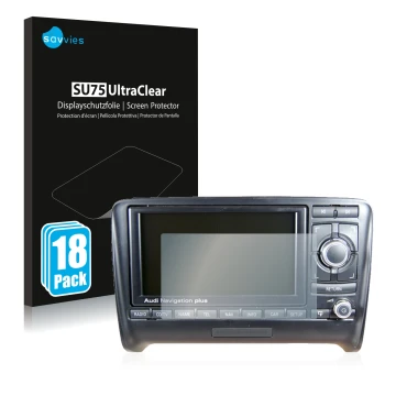 Vorderseite einer Produktverpackung mit dem Markenlogo Savvies. Daneben ist das Gerät Audi A4 8E 2004-2009 RNS-E mit dem zugeh