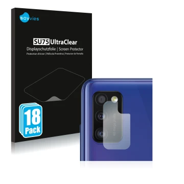 Vorderseite einer Produktverpackung mit dem Markenlogo Savvies. Daneben ist das Gerät Samsung Galaxy A41 (NUR Kameraschutz) mi