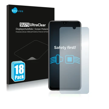 Vorderseite einer Produktverpackung mit dem Markenlogo Savvies. Daneben ist das Gerät Huawei P smart 2020 mit dem zugehörigen 