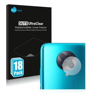Vorderseite einer Produktverpackung mit dem Markenlogo Savvies. Daneben ist das Gerät Xiaomi Poco F2 Pro (NUR Kameraschutz) mi