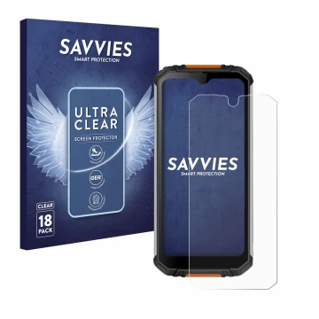 Vorderseite einer Produktverpackung mit dem Markenlogo Savvies. Daneben ist das Gerät Oukitel WP6 mit dem zugehörigen Displays