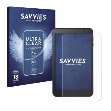 Vorderseite einer Produktverpackung mit dem Markenlogo Savvies. Daneben ist das Gerät Vankyo MatrixPad S8 mit dem zugehörigen 