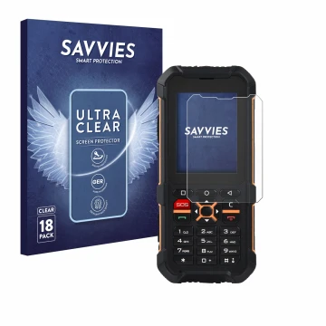 Vorderseite einer Produktverpackung mit dem Markenlogo Savvies. Daneben ist das Gerät RugGear RG170 mit dem zugehörigen Displa