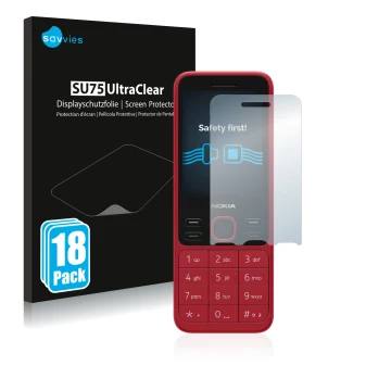 Vorderseite einer Produktverpackung mit dem Markenlogo Savvies. Daneben ist das Gerät Nokia 150 2020 mit dem zugehörigen Displ