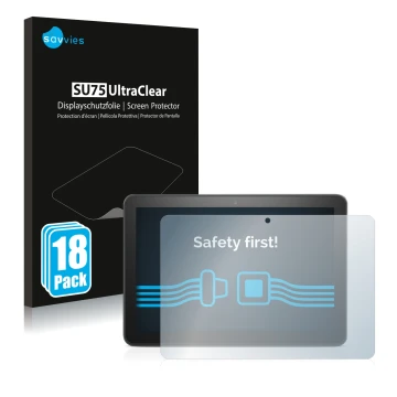 Vorderseite einer Produktverpackung mit dem Markenlogo Savvies. Daneben ist das Gerät Amazon Fire HD 8 Plus 2020 (10. Gen.) mi