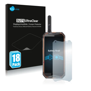 Vorderseite einer Produktverpackung mit dem Markenlogo Savvies. Daneben ist das Gerät Ulefone Armor 3w mit dem zugehörigen Dis