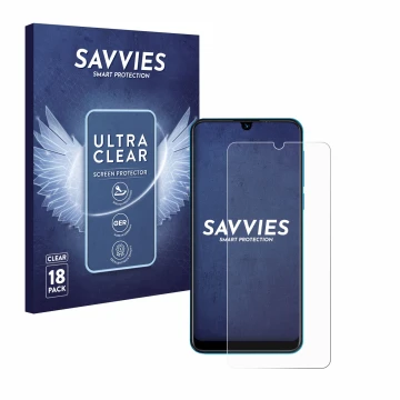 Vorderseite einer Produktverpackung mit dem Markenlogo Savvies. Daneben ist das Gerät Beafon M6 mit dem zugehörigen Displaysch