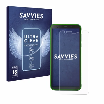 Vorderseite einer Produktverpackung mit dem Markenlogo Savvies. Daneben ist das Gerät Blackview BV6300 Pro mit dem zugehörigen