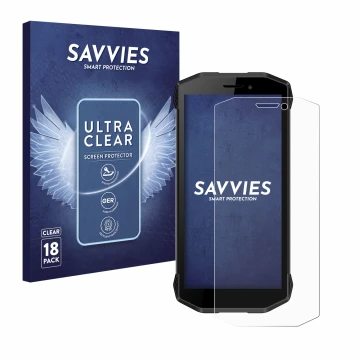 Vorderseite einer Produktverpackung mit dem Markenlogo Savvies. Daneben ist das Gerät Evolveo Strongphone G5 mit dem zugehörig
