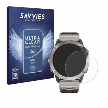 Vorderseite einer Produktverpackung mit dem Markenlogo Savvies. Daneben ist das Gerät Garmin quatix 6x Solar mit dem zugehörig