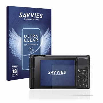 Vorderseite einer Produktverpackung mit dem Markenlogo Savvies. Daneben ist das Gerät Sony ZV-1 mit dem zugehörigen Displaysch