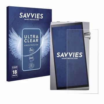 Vorderseite einer Produktverpackung mit dem Markenlogo Savvies. Daneben ist das Gerät Astell&Kern A&norma SR25 mit dem zugehör