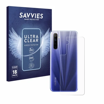 Vorderseite einer Produktverpackung mit dem Markenlogo Savvies. Daneben ist das Gerät realme 6 (Rückseite) mit dem zugehörigen