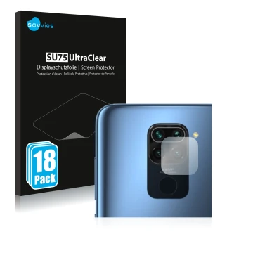 Vorderseite einer Produktverpackung mit dem Markenlogo Savvies. Daneben ist das Gerät Xiaomi Redmi Note 9 (NUR Kameraschutz) m
