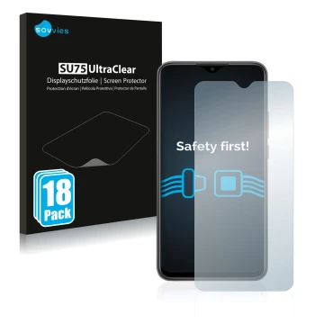 Vorderseite einer Produktverpackung mit dem Markenlogo Savvies. Daneben ist das Gerät Xiaomi Redmi 9 mit dem zugehörigen Displ