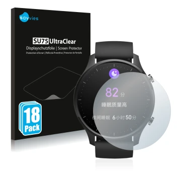Vorderseite einer Produktverpackung mit dem Markenlogo Savvies. Daneben ist das Gerät Xiaomi Mi Watch Revolve mit dem zugehöri