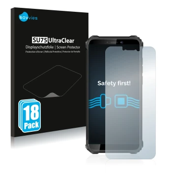 Vorderseite einer Produktverpackung mit dem Markenlogo Savvies. Daneben ist das Gerät Oukitel WP5 Pro mit dem zugehörigen Disp
