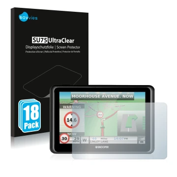 Vorderseite einer Produktverpackung mit dem Markenlogo Savvies. Daneben ist das Gerät Snooper Truckmate S6900 mit dem zugehöri