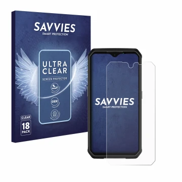 Vorderseite einer Produktverpackung mit dem Markenlogo Savvies. Daneben ist das Gerät Ulefone Armor 9 mit dem zugehörigen Disp