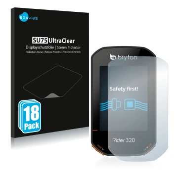 Vorderseite einer Produktverpackung mit dem Markenlogo Savvies. Daneben ist das Gerät Bryton Rider 320 mit dem zugehörigen Dis