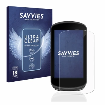 Vorderseite einer Produktverpackung mit dem Markenlogo Savvies. Daneben ist das Gerät Garmin Edge 1030 Plus mit dem zugehörige
