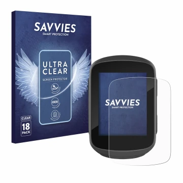 Vorderseite einer Produktverpackung mit dem Markenlogo Savvies. Daneben ist das Gerät Garmin Edge 130 Plus mit dem zugehörigen