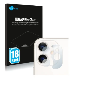 Vorderseite einer Produktverpackung mit dem Markenlogo Savvies. Daneben ist das Gerät Apple iPhone 12 mini (NUR Kameraschutz) 