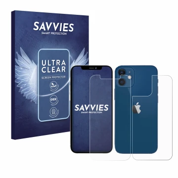 Vorderseite einer Produktverpackung mit dem Markenlogo Savvies. Daneben ist das Gerät Apple iPhone 12 (Display+Rückseite) mit 
