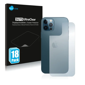 Vorderseite einer Produktverpackung mit dem Markenlogo Savvies. Daneben ist das Gerät Apple iPhone 12 Pro (Rückseite) mit dem 