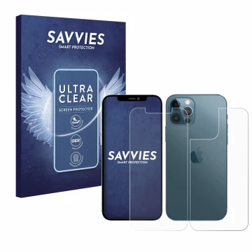 Vorderseite einer Produktverpackung mit dem Markenlogo Savvies. Daneben ist das Gerät Apple iPhone 12 Pro Max (Display+Rücksei