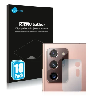 Vorderseite einer Produktverpackung mit dem Markenlogo Savvies. Daneben ist das Gerät Samsung Galaxy Note 20 Ultra (NUR Kamera