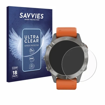 Vorderseite einer Produktverpackung mit dem Markenlogo Savvies. Daneben ist das Gerät Garmin Fenix 6 Pro Solar mit dem zugehör