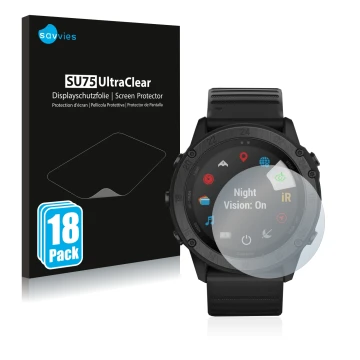 Vorderseite einer Produktverpackung mit dem Markenlogo Savvies. Daneben ist das Gerät Garmin Tactix Delta Solar Ballistic mit 