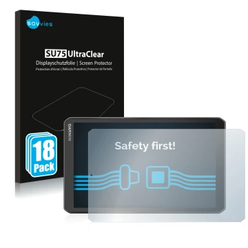 Vorderseite einer Produktverpackung mit dem Markenlogo Savvies. Daneben ist das Gerät Garmin Camper 890 mit dem zugehörigen Di