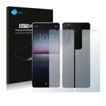 Vorderseite einer Produktverpackung mit dem Markenlogo Savvies. Daneben ist das Gerät Sony Xperia 1 II (Display+Rückseite) mit