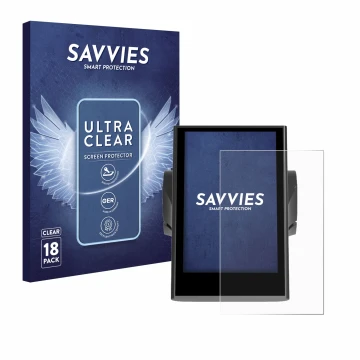 Vorderseite einer Produktverpackung mit dem Markenlogo Savvies. Daneben ist das Gerät Bafang DP C18 mit dem zugehörigen Displa