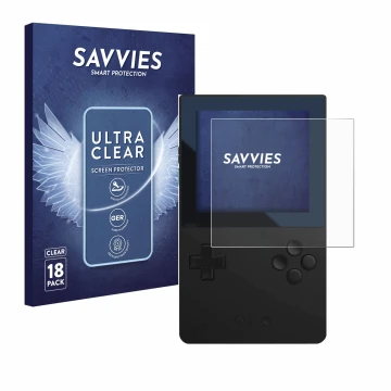 Vorderseite einer Produktverpackung mit dem Markenlogo Savvies. Daneben ist das Gerät Analogue Pocket mit dem zugehörigen Disp